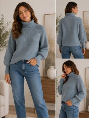 EsQualo Light Dusty Blue Turtleneck Sweater Balloon Sleeve Ribbed Knit Size M